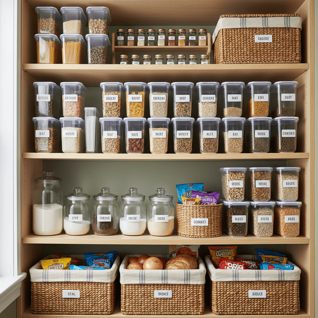 Shelves with clear canisters and wicker baskets arranged in a tidy pantry