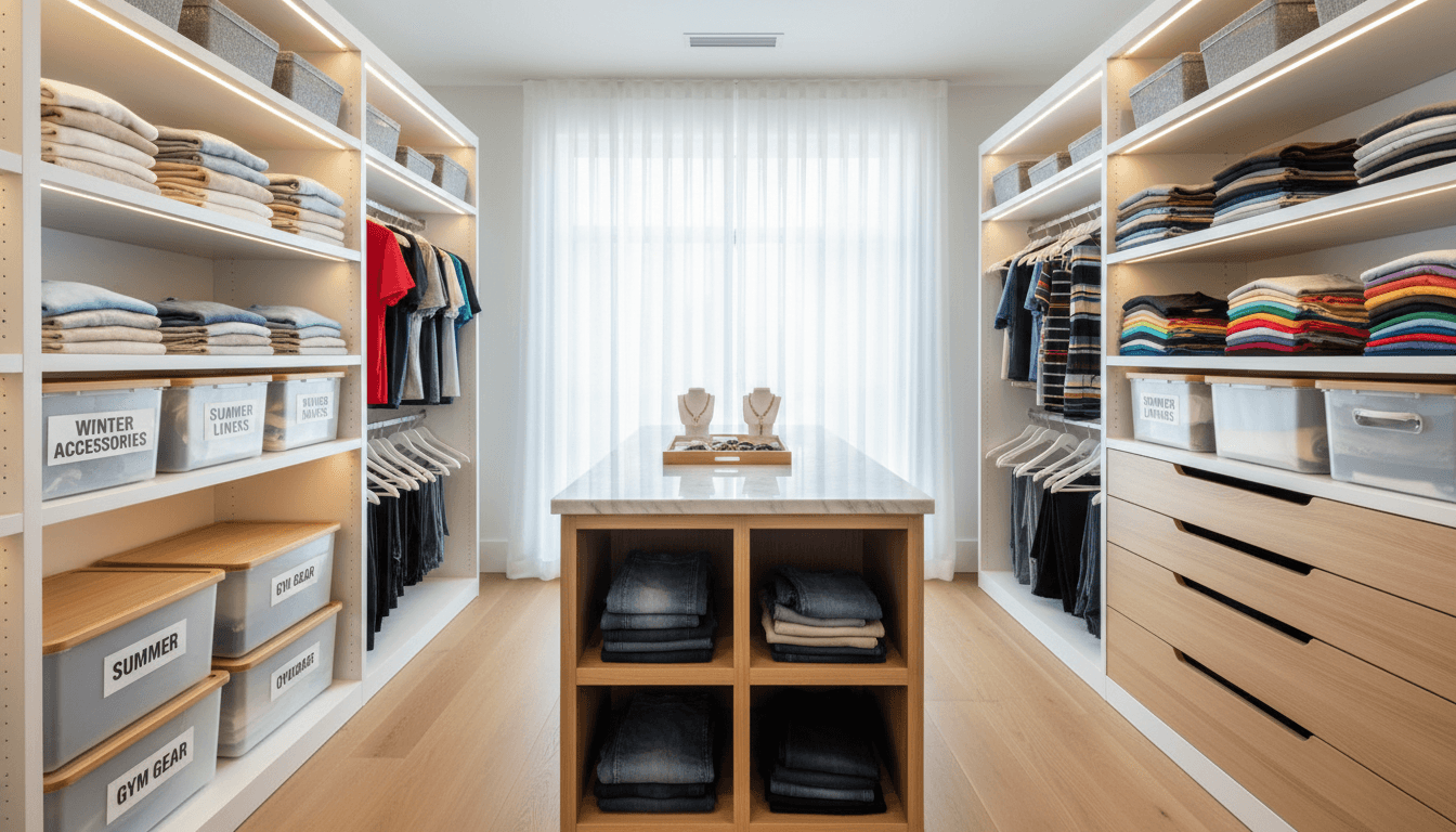 Bright, neatly organized closet with folded clothes and labeled storage bins in a tidy Toronto home