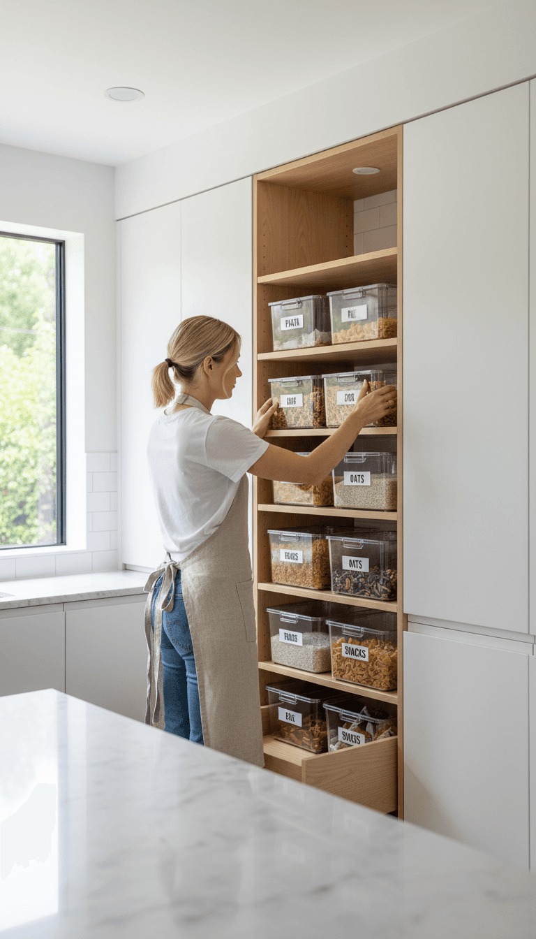 Woman organizing pantry shelves with clear labeled bins in bright kitchen