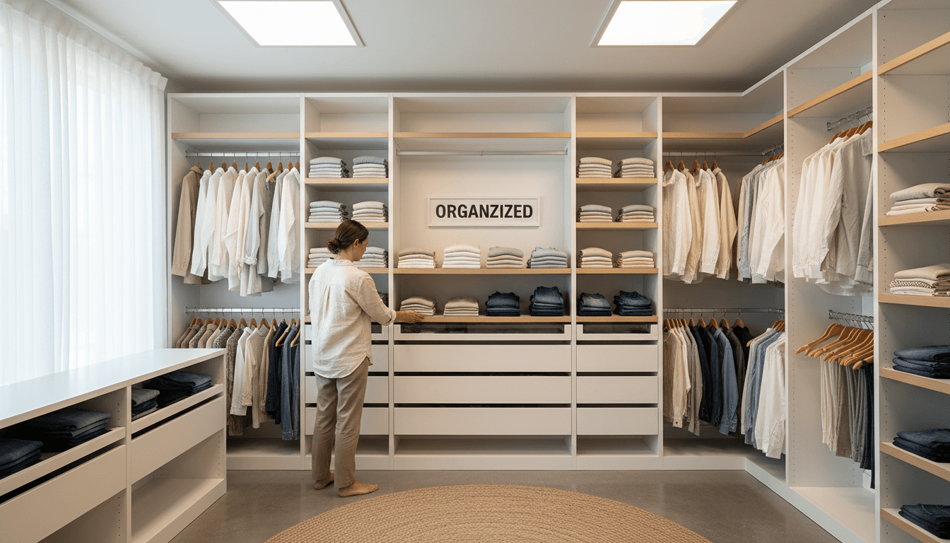Professional organizer arranging neatly folded clothes in a bright minimal closet