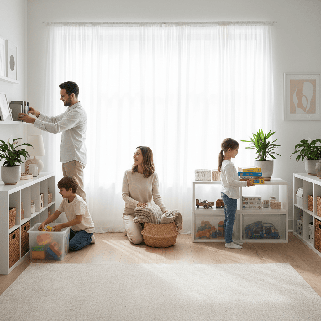 Person placing folded items into a labeled storage bin in a tidy home