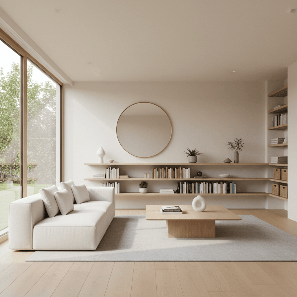 Bright living room with organized shelves and clear surfaces