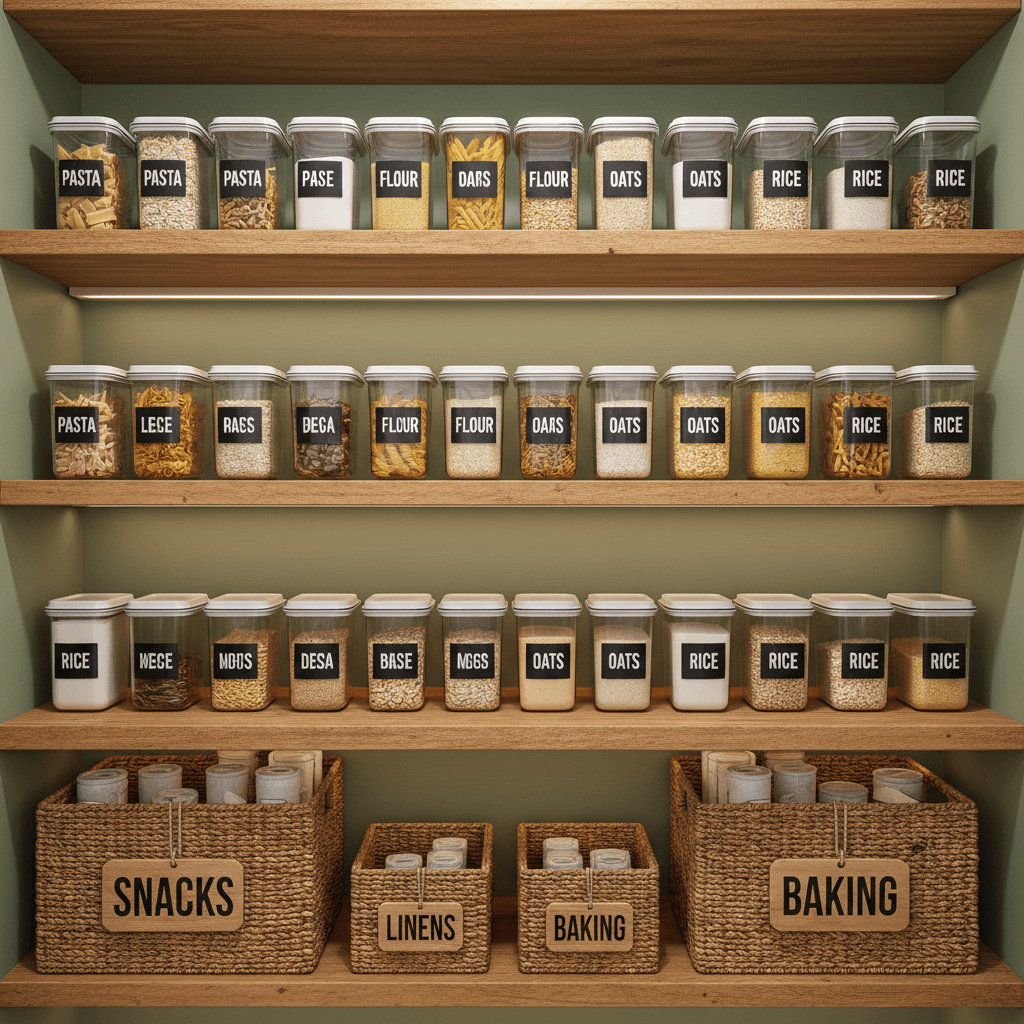 Tidy kitchen pantry with labeled containers and baskets on wooden shelves
