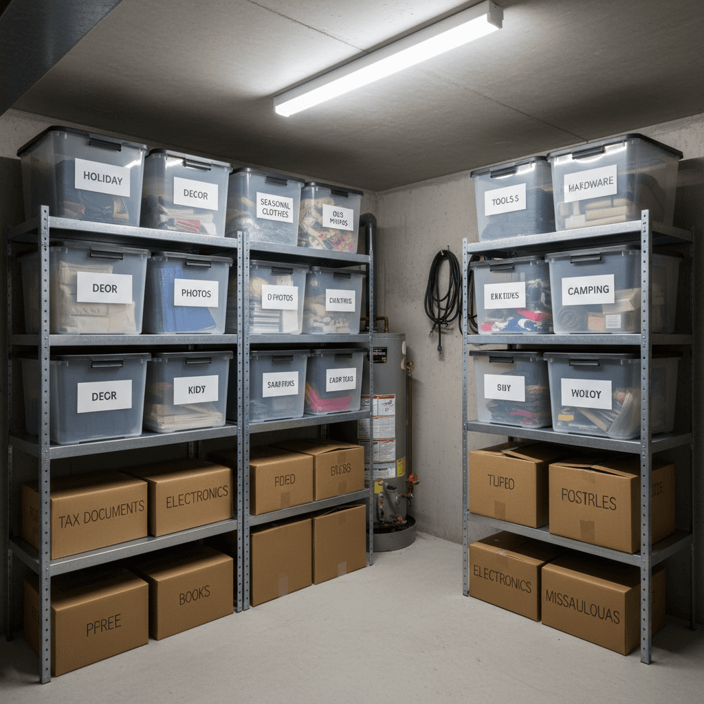 Basement storage shelves with labeled bins and neatly sorted boxes