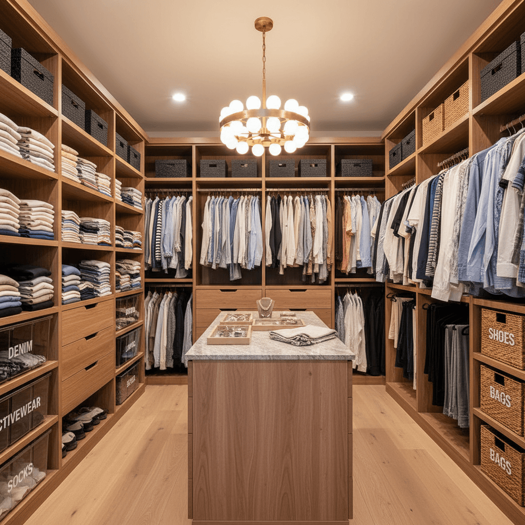 Neatly organized walk-in closet with folded sweaters and labeled storage bins